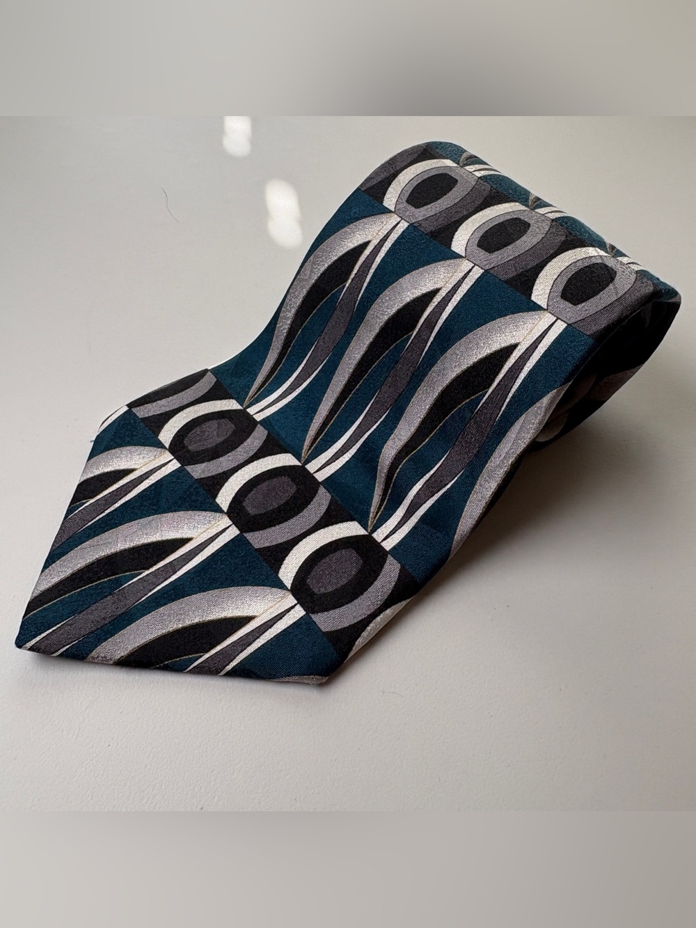Mark Alexander Men's Silk Tie Extra Long Abstract Geometric Teal Silver Gray
